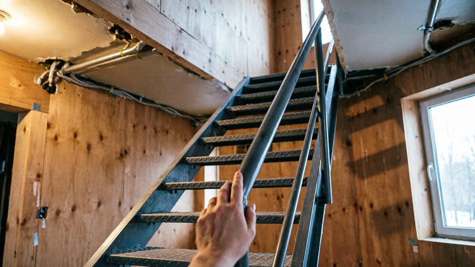 Металлическая маршевая лестница на второй этаж со ступенями из рифлёного листа
