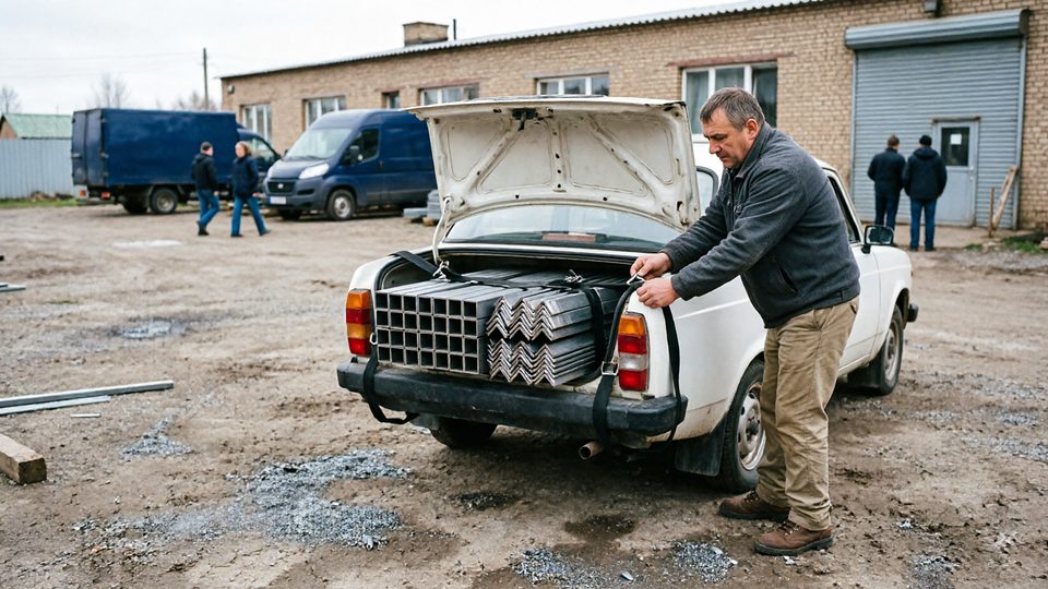 Погрузка профтрубы и уголка у склада при самовывозе