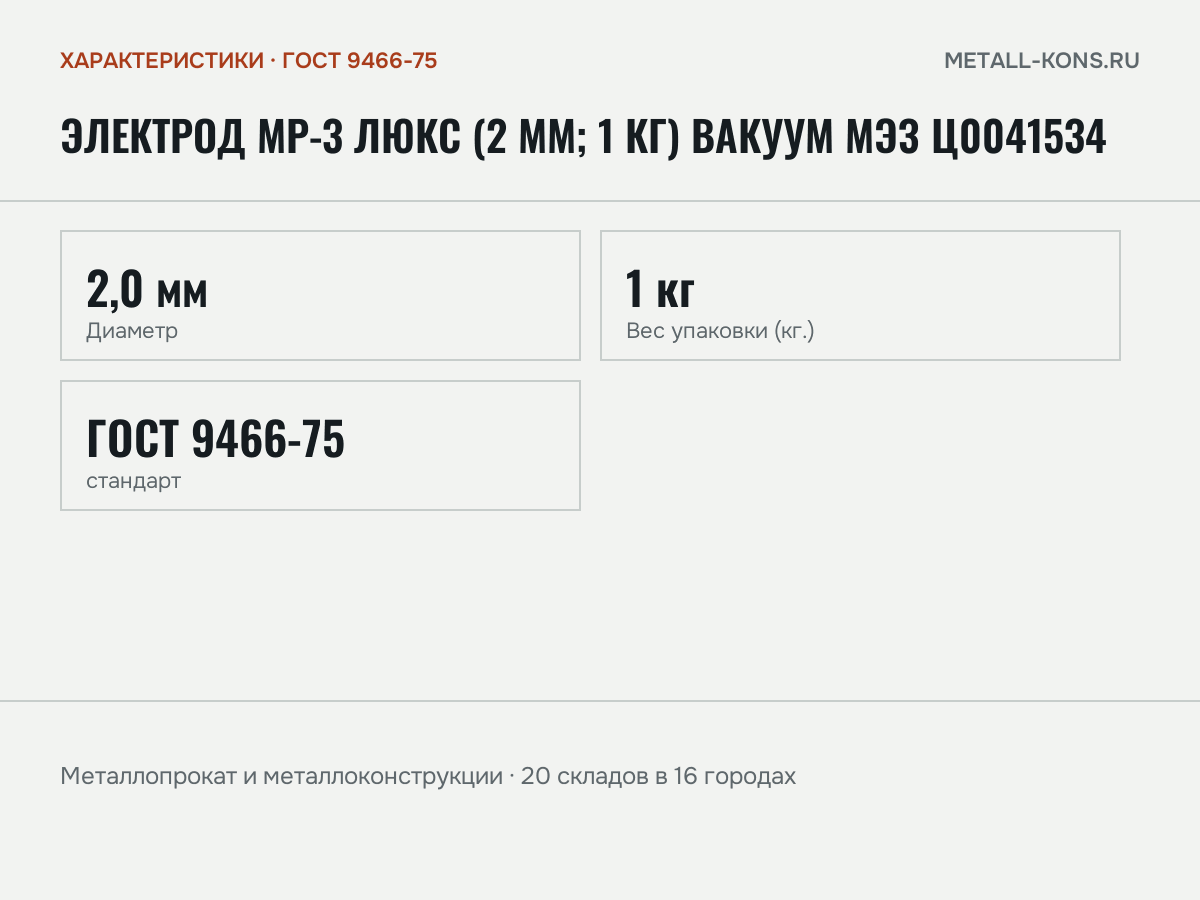 Электрод МР-3 Люкс (2 мм; 1 кг) Вакуум МЭЗ Ц0041534 — характеристики, ГОСТ 9466-75