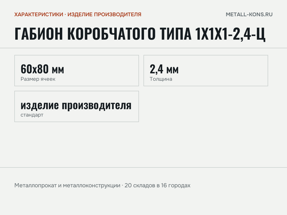 Габион коробчатого типа 1х1х1-2,4-Ц — характеристики: масса, размеры, изделие производителя
