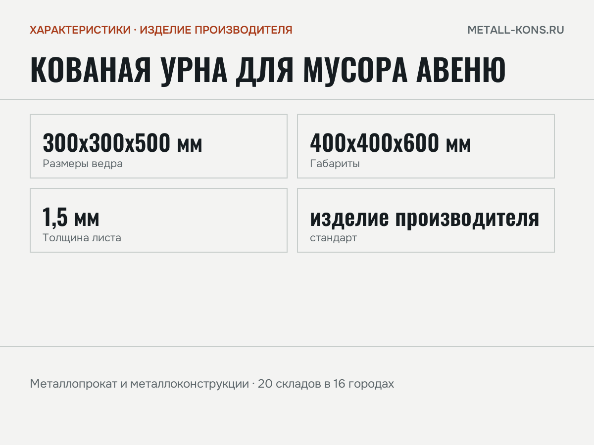 Кованая урна для мусора Авеню — характеристики: масса, размеры, изделие производителя