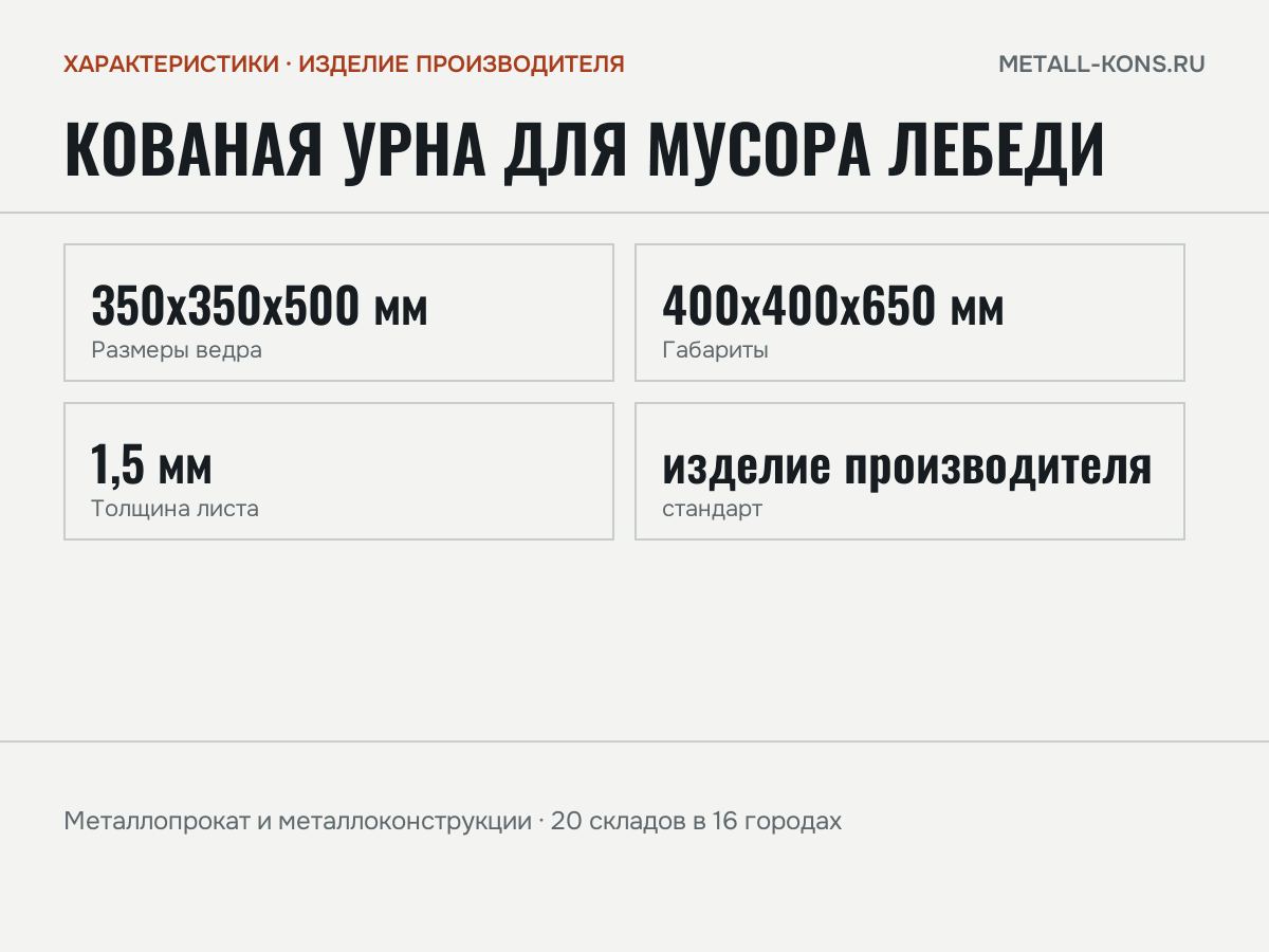 Кованая урна для мусора Лебеди — характеристики: масса, размеры, изделие производителя