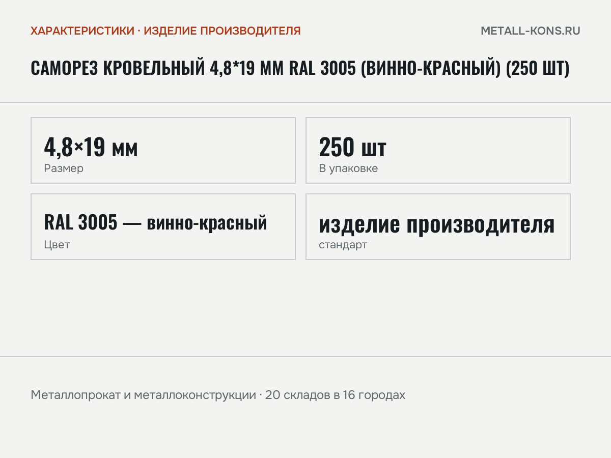 Саморез кровельный 4,8*19 мм RAL 3005 (винно-красный) (250 шт) — характеристики: масса, размеры, изделие производителя