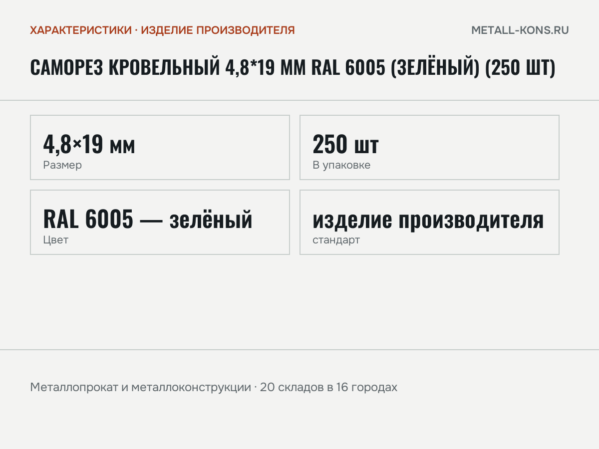 Саморез кровельный 4,8*19 мм RAL 6005 (зелёный) (250 шт) — характеристики: масса, размеры, изделие производителя