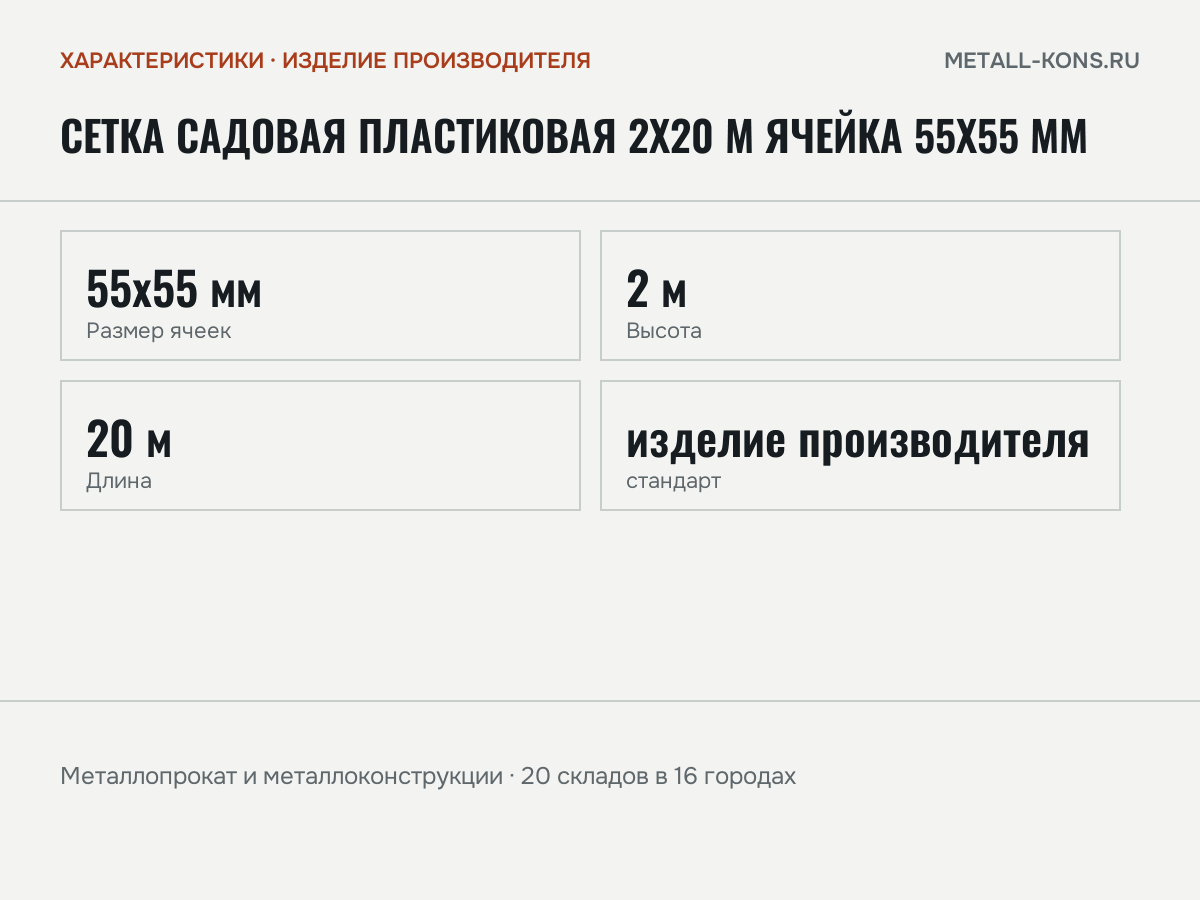 Сетка садовая пластиковая 2х20 м ячейка 55х55 мм — характеристики: масса, размеры, изделие производителя