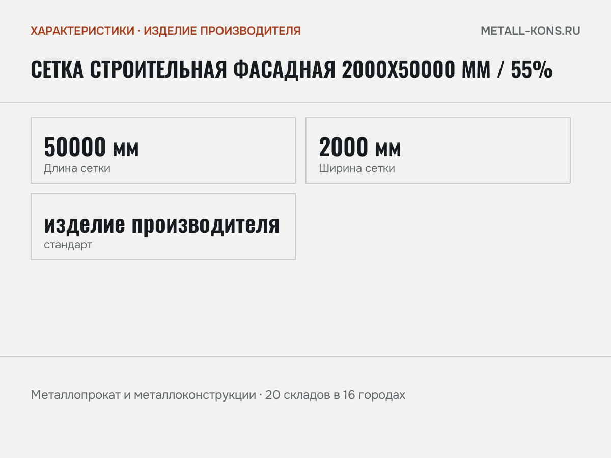 Сетка строительная фасадная 2000x50000 мм / 55% — характеристики: масса, размеры, изделие производителя