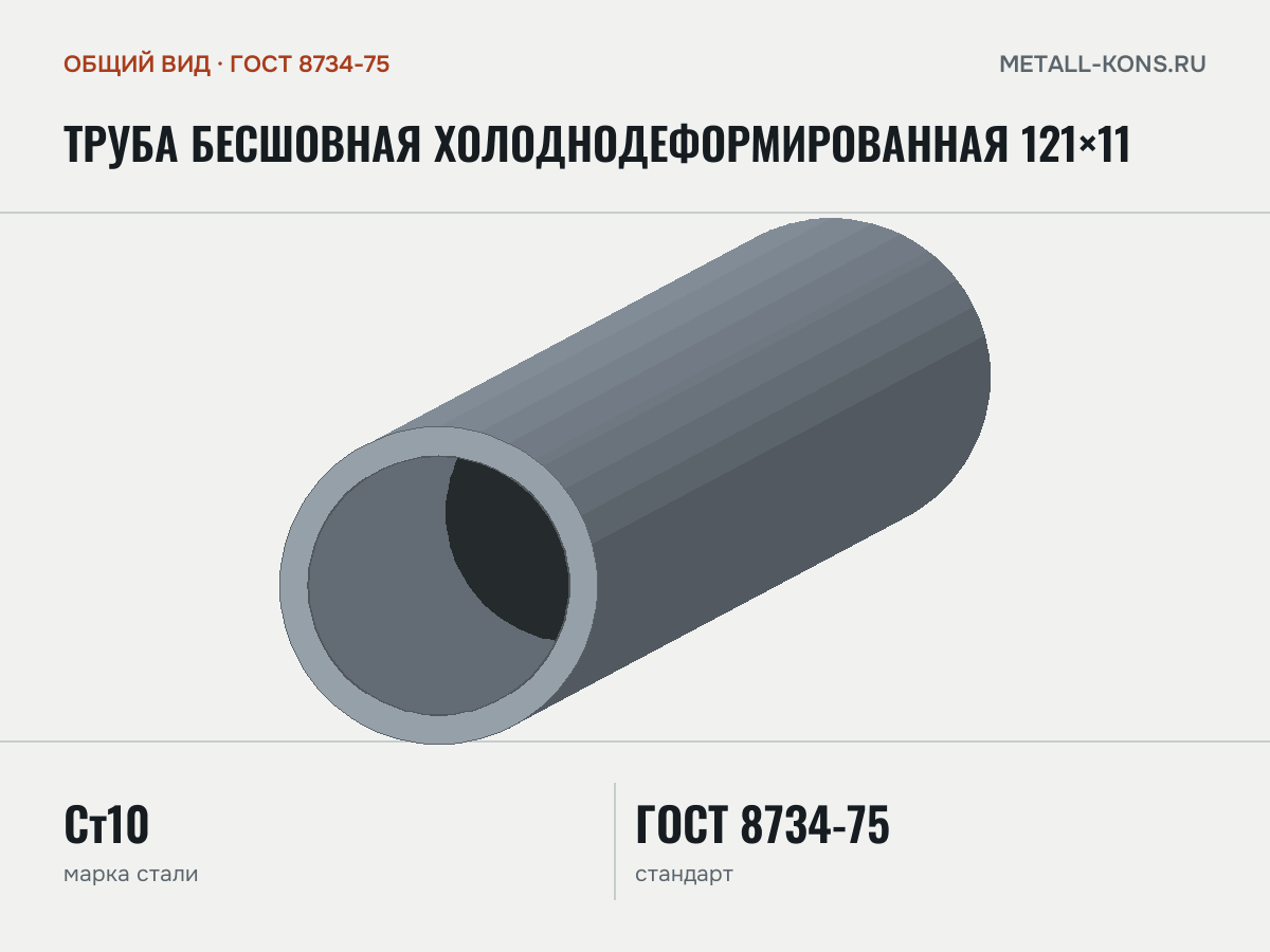 Труба бесшовная холоднодеформированная 121×11 — общий вид, сталь Ст10, ГОСТ 8734-75