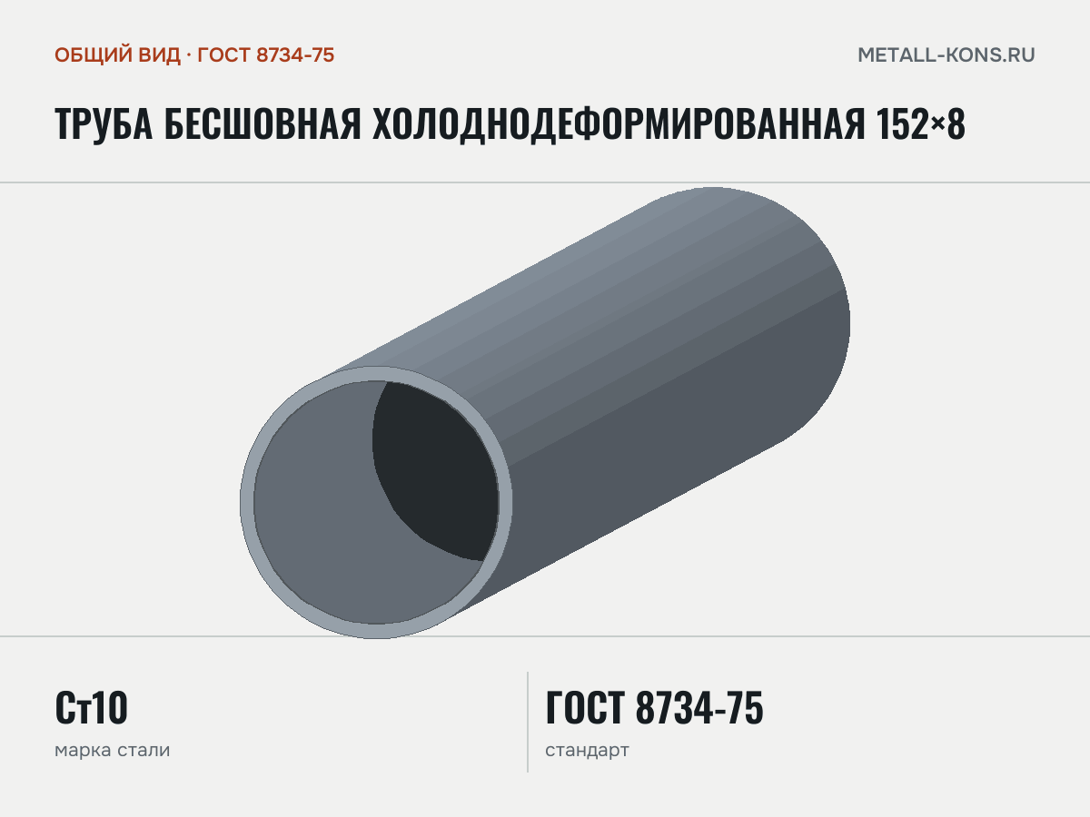 Труба бесшовная холоднодеформированная 152×8 — общий вид, сталь Ст10, ГОСТ 8734-75