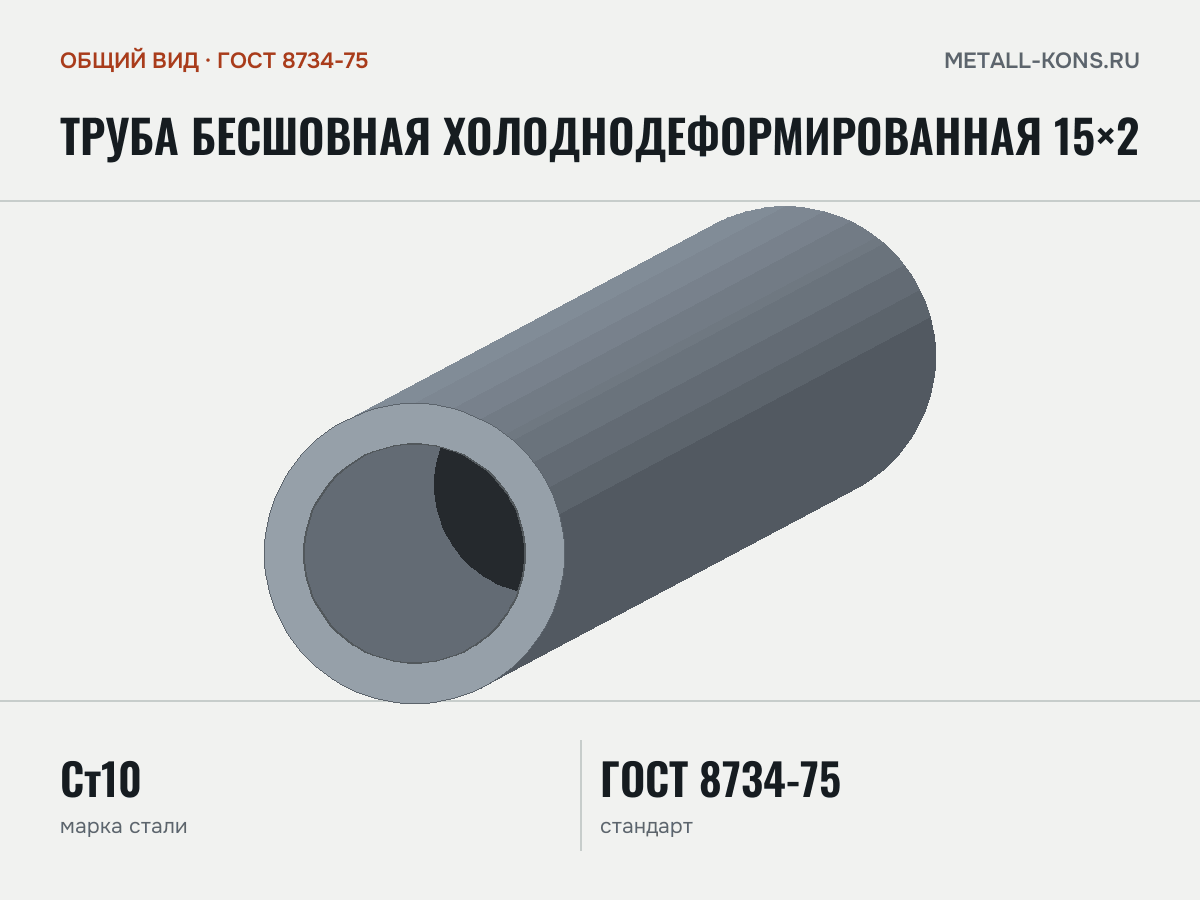 Труба бесшовная холоднодеформированная 15×2 — общий вид, сталь Ст10, ГОСТ 8734-75