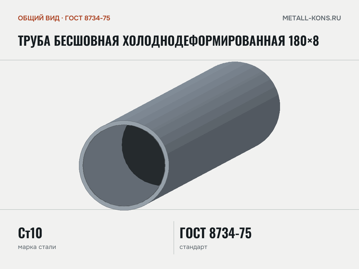 Труба бесшовная холоднодеформированная 180×8 — общий вид, сталь Ст10, ГОСТ 8734-75