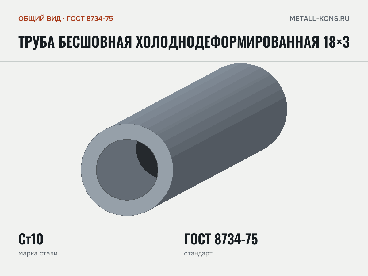 Труба бесшовная холоднодеформированная 18×3 — общий вид, сталь Ст10, ГОСТ 8734-75