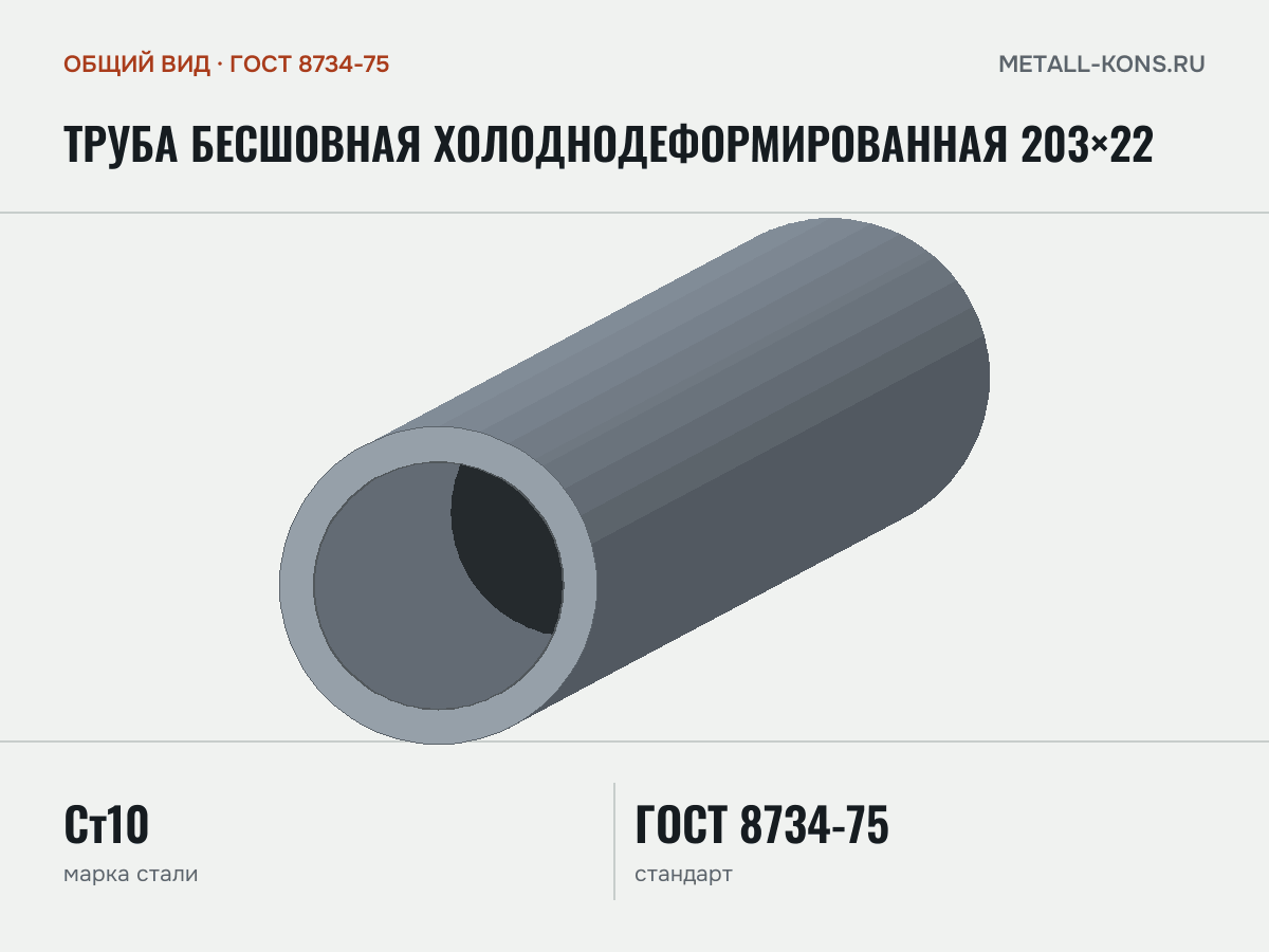 Труба бесшовная холоднодеформированная 203×22 — общий вид, сталь Ст10, ГОСТ 8734-75