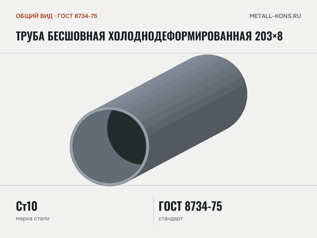 Труба бесшовная холоднодеформированная 203×8 — общий вид, сталь Ст10, ГОСТ 8734-75