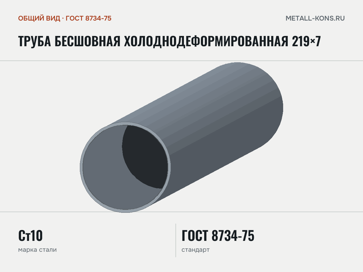 Труба бесшовная холоднодеформированная 219×7 — общий вид, сталь Ст10, ГОСТ 8734-75