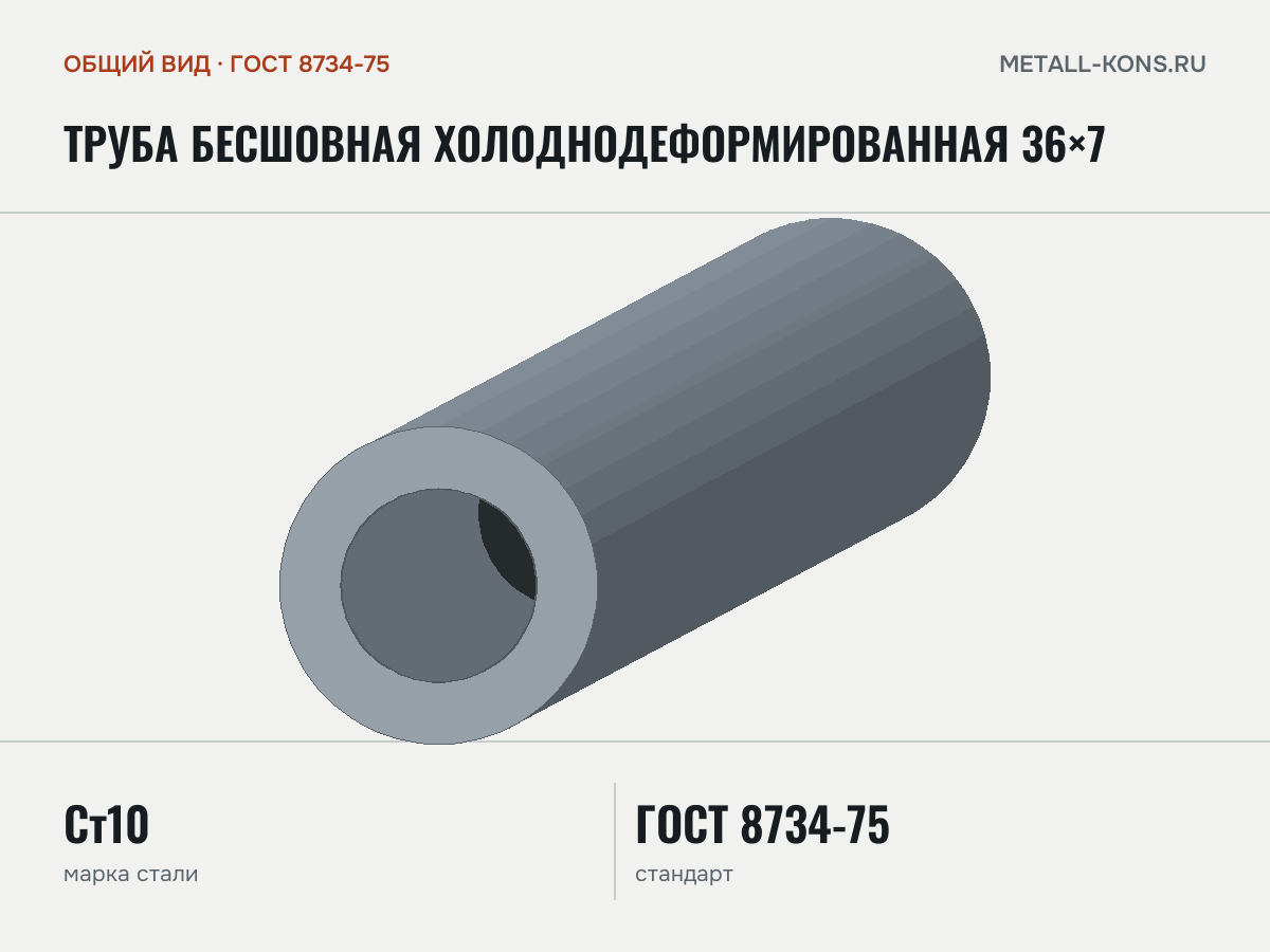 Труба бесшовная холоднодеформированная 36×7 — общий вид, сталь Ст10, ГОСТ 8734-75