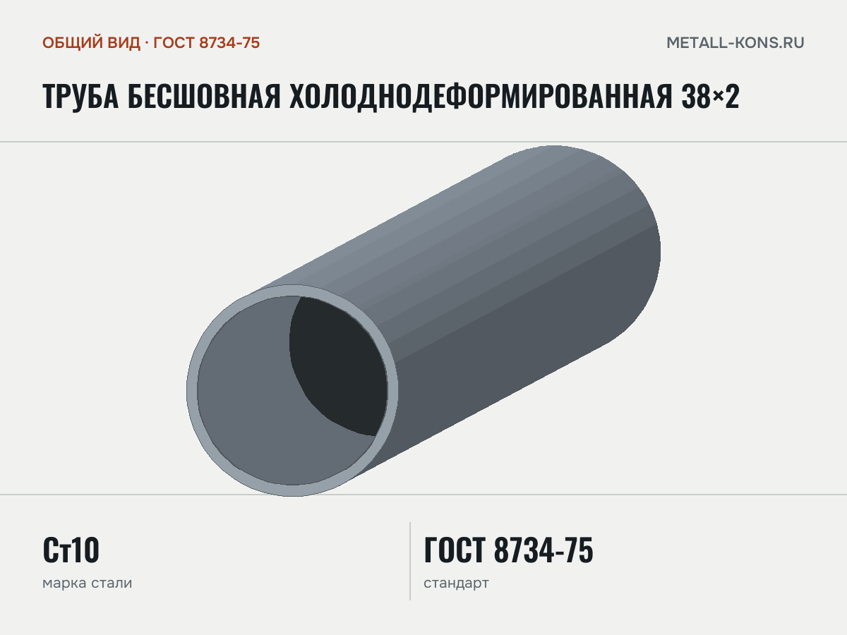 Труба бесшовная холоднодеформированная 38×2 — общий вид, сталь Ст10, ГОСТ 8734-75