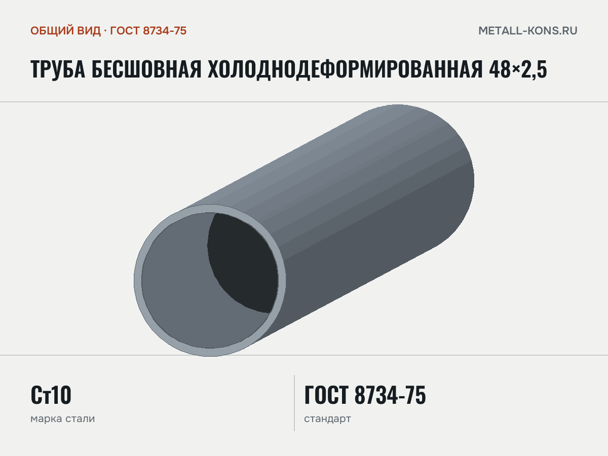 Труба бесшовная холоднодеформированная 48×2,5 — общий вид, сталь Ст10, ГОСТ 8734-75