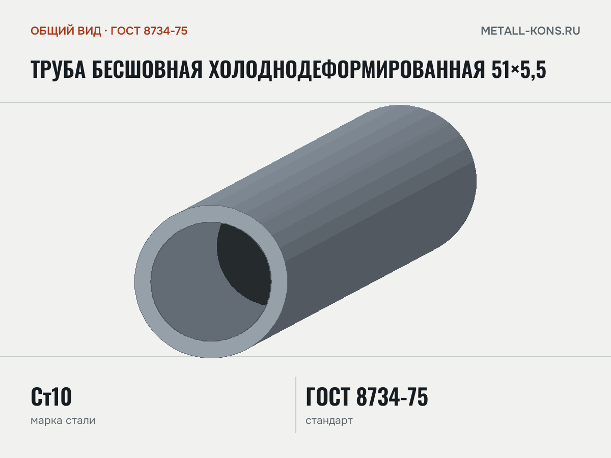 Труба бесшовная холоднодеформированная 51×5,5 — общий вид, сталь Ст10, ГОСТ 8734-75