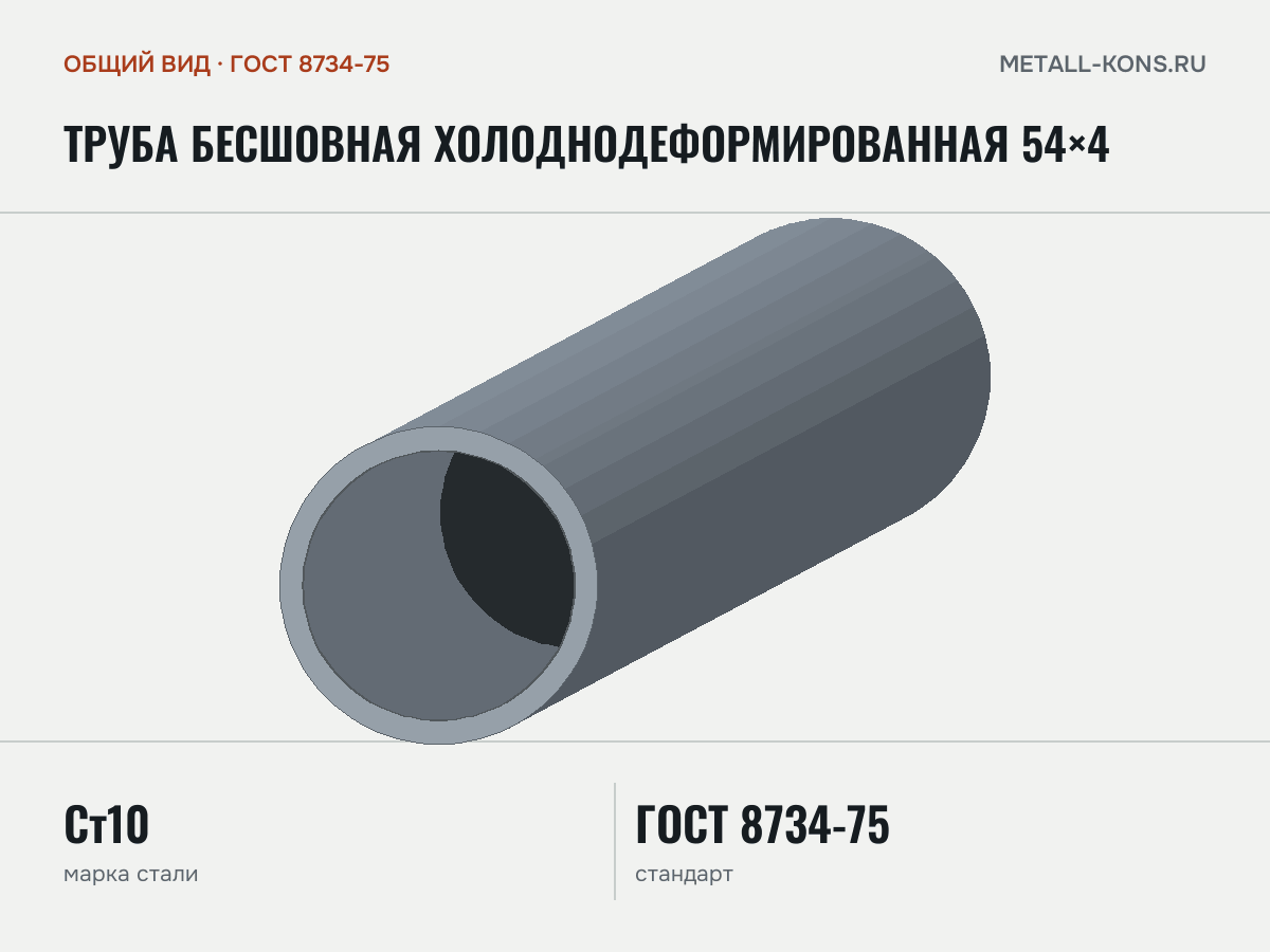 Труба бесшовная холоднодеформированная 54×4 — общий вид, сталь Ст10, ГОСТ 8734-75