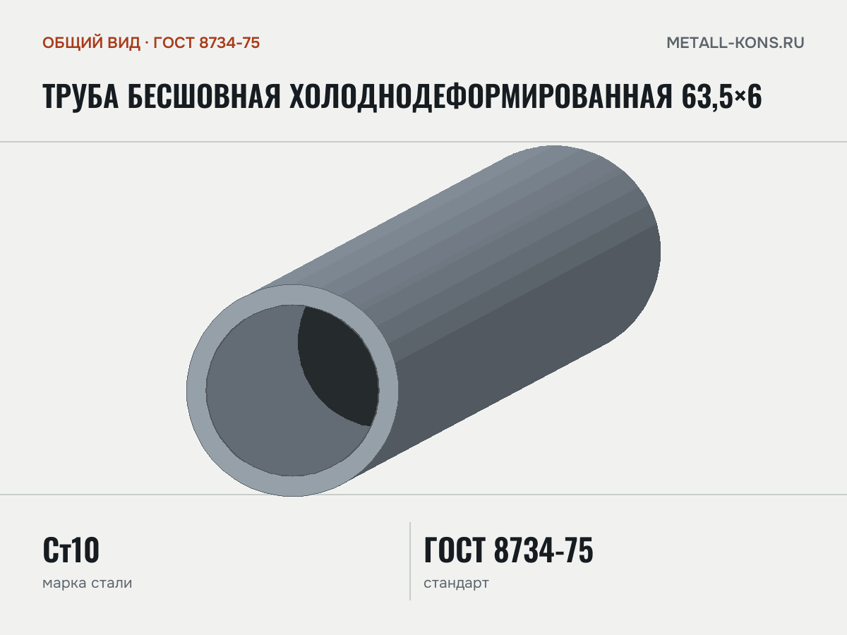 Труба бесшовная холоднодеформированная 63,5×6 — общий вид, сталь Ст10, ГОСТ 8734-75