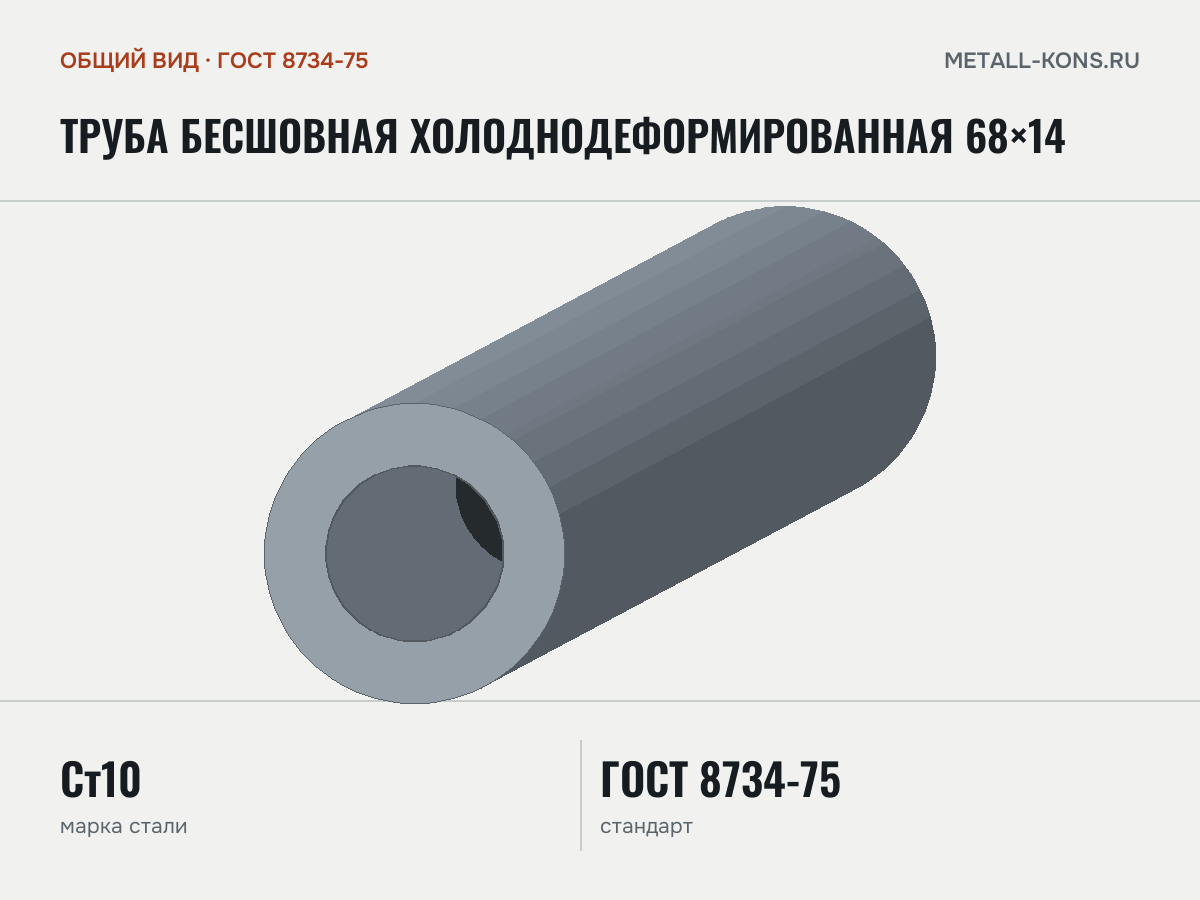 Труба бесшовная холоднодеформированная 68×14 — общий вид, сталь Ст10, ГОСТ 8734-75