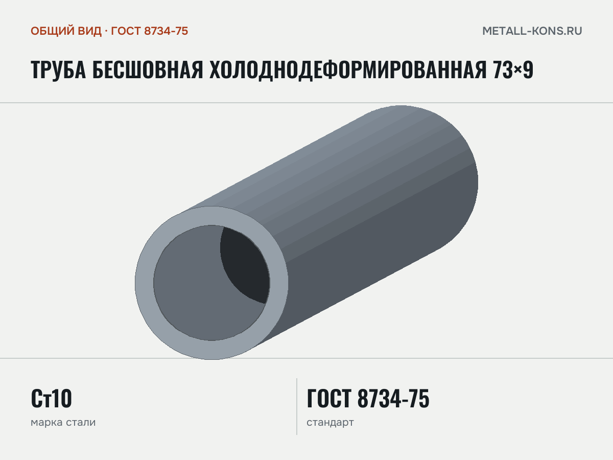 Труба бесшовная холоднодеформированная 73×9 — общий вид, сталь Ст10, ГОСТ 8734-75