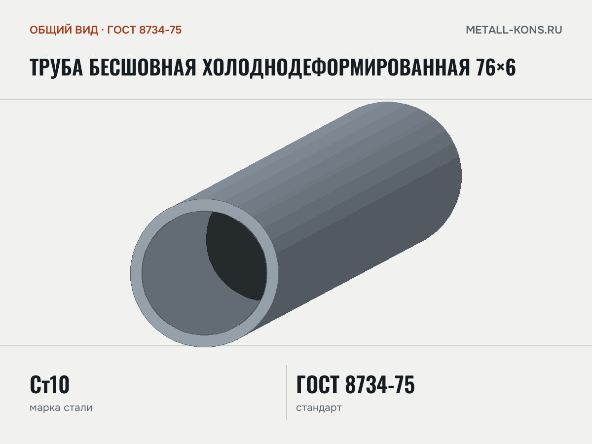 Труба бесшовная холоднодеформированная 76×6 — общий вид, сталь Ст10, ГОСТ 8734-75