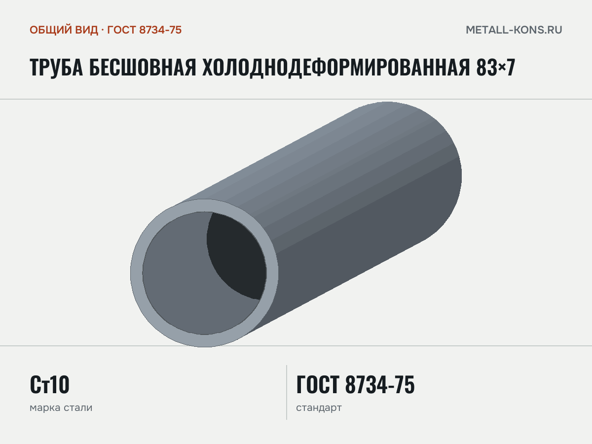 Труба бесшовная холоднодеформированная 83×7 — общий вид, сталь Ст10, ГОСТ 8734-75