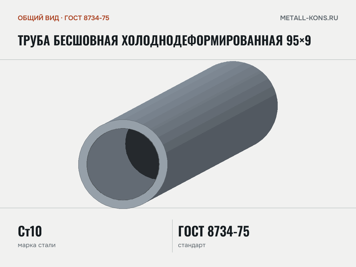 Труба бесшовная холоднодеформированная 95×9 — общий вид, сталь Ст10, ГОСТ 8734-75