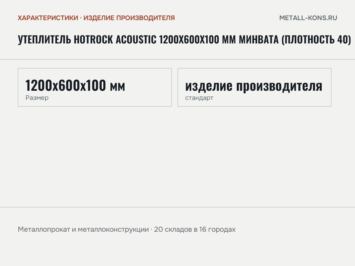 Утеплитель Hotrock ACOUSTIC 1200х600х100 мм минвата (плотность 40) — характеристики