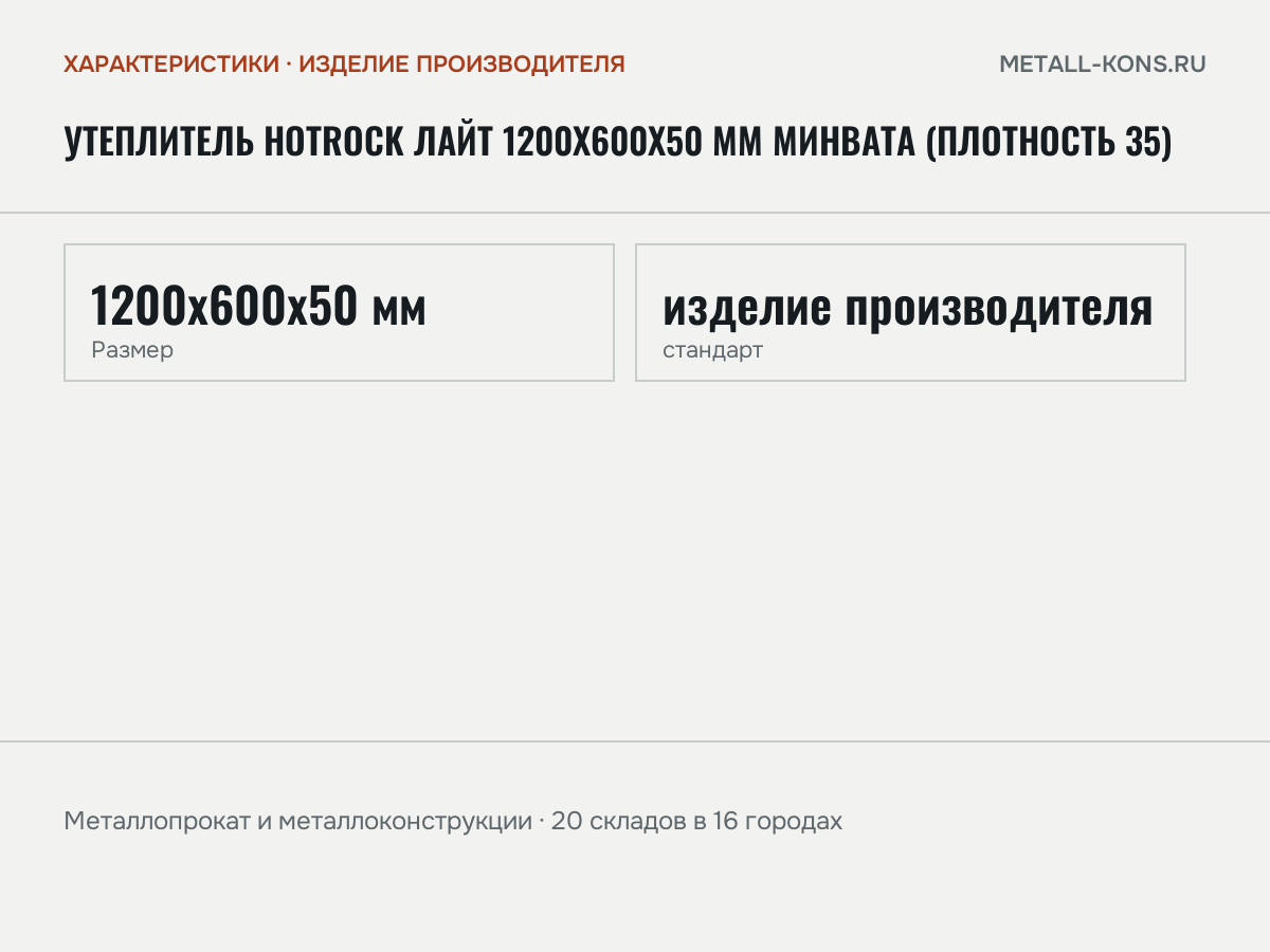 Утеплитель Hotrock Лайт 1200х600х50 мм минвата (плотность 35) — характеристики: масса, размеры, изделие производителя