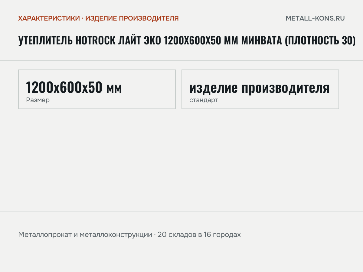 Утеплитель Hotrock Лайт ЭКО 1200х600х50 мм минвата (плотность 30) — характеристики: масса, размеры, изделие производителя