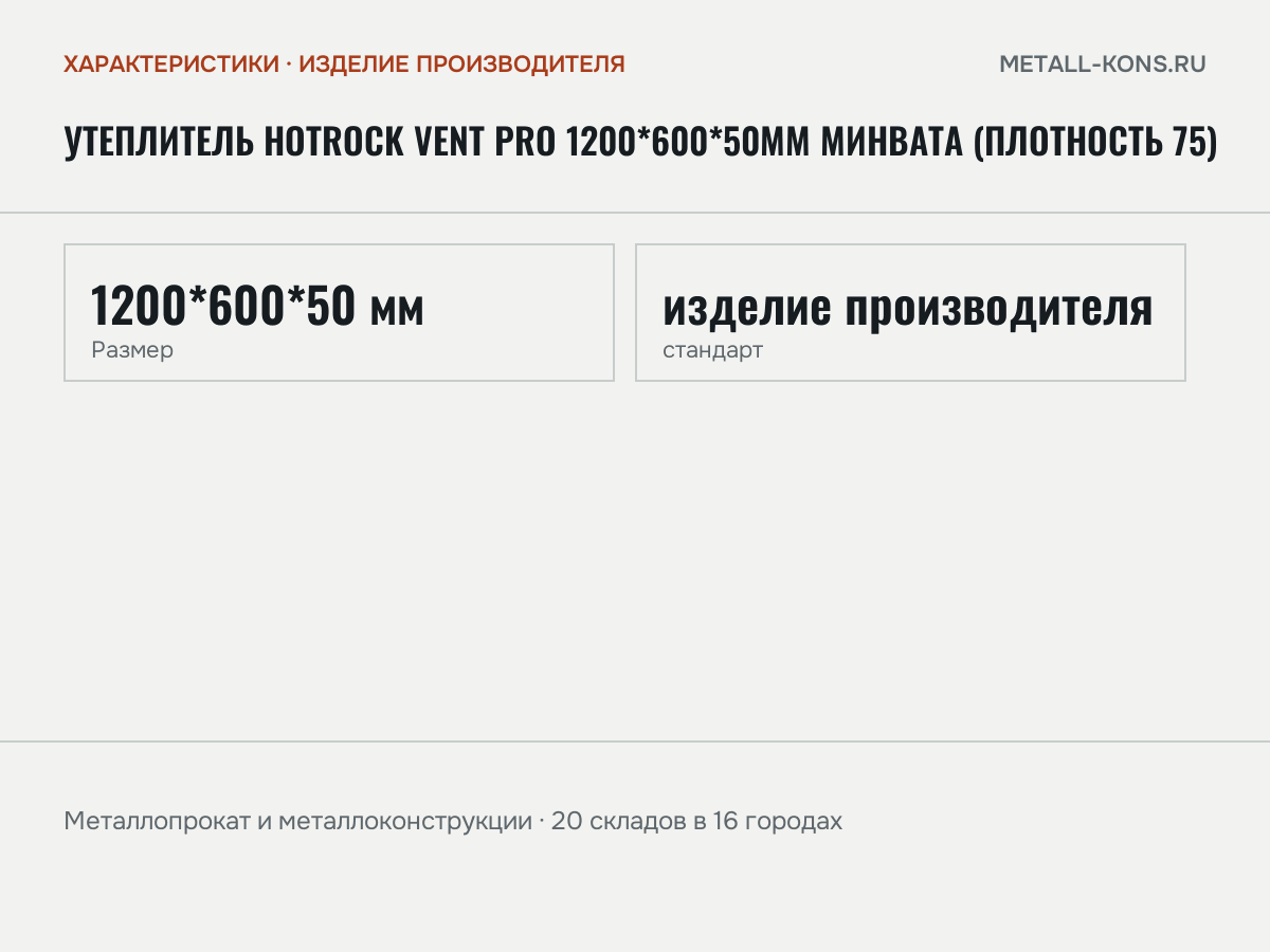 Утеплитель Hotrock Vent Pro 1200*600*50мм минвата (плотность 75) — характеристики: масса, размеры, изделие производителя