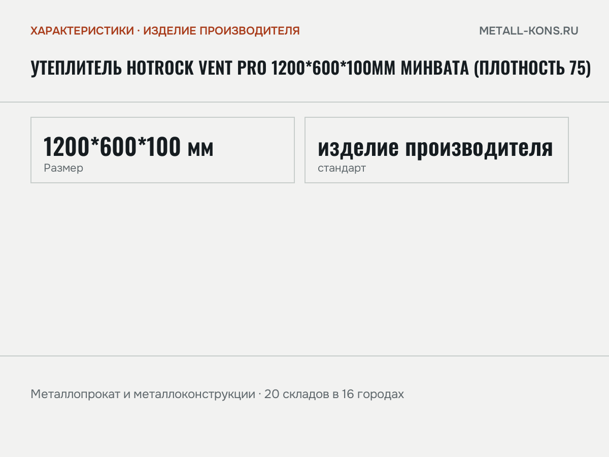 Утеплитель Hotrock Vent Pro 1200*600*100мм минвата (плотность 75) — характеристики