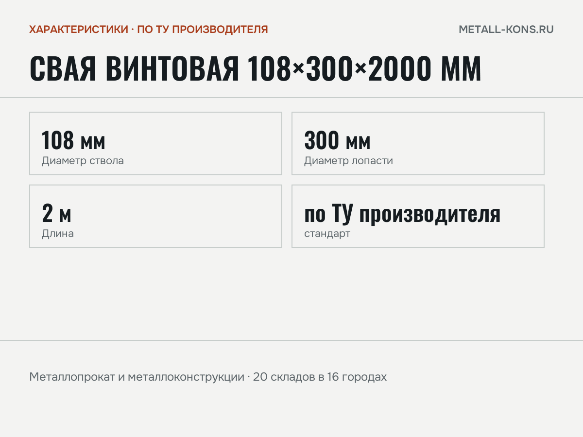 Свая винтовая 108×300×2000 мм — характеристики: масса, размеры, по ТУ производителя