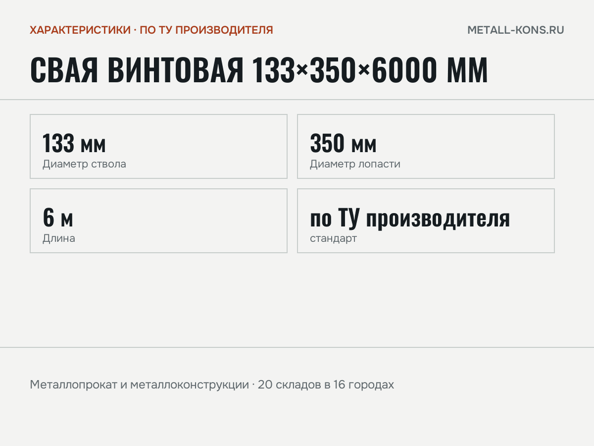 Свая винтовая 133×350×6000 мм — характеристики: масса, размеры, по ТУ производителя