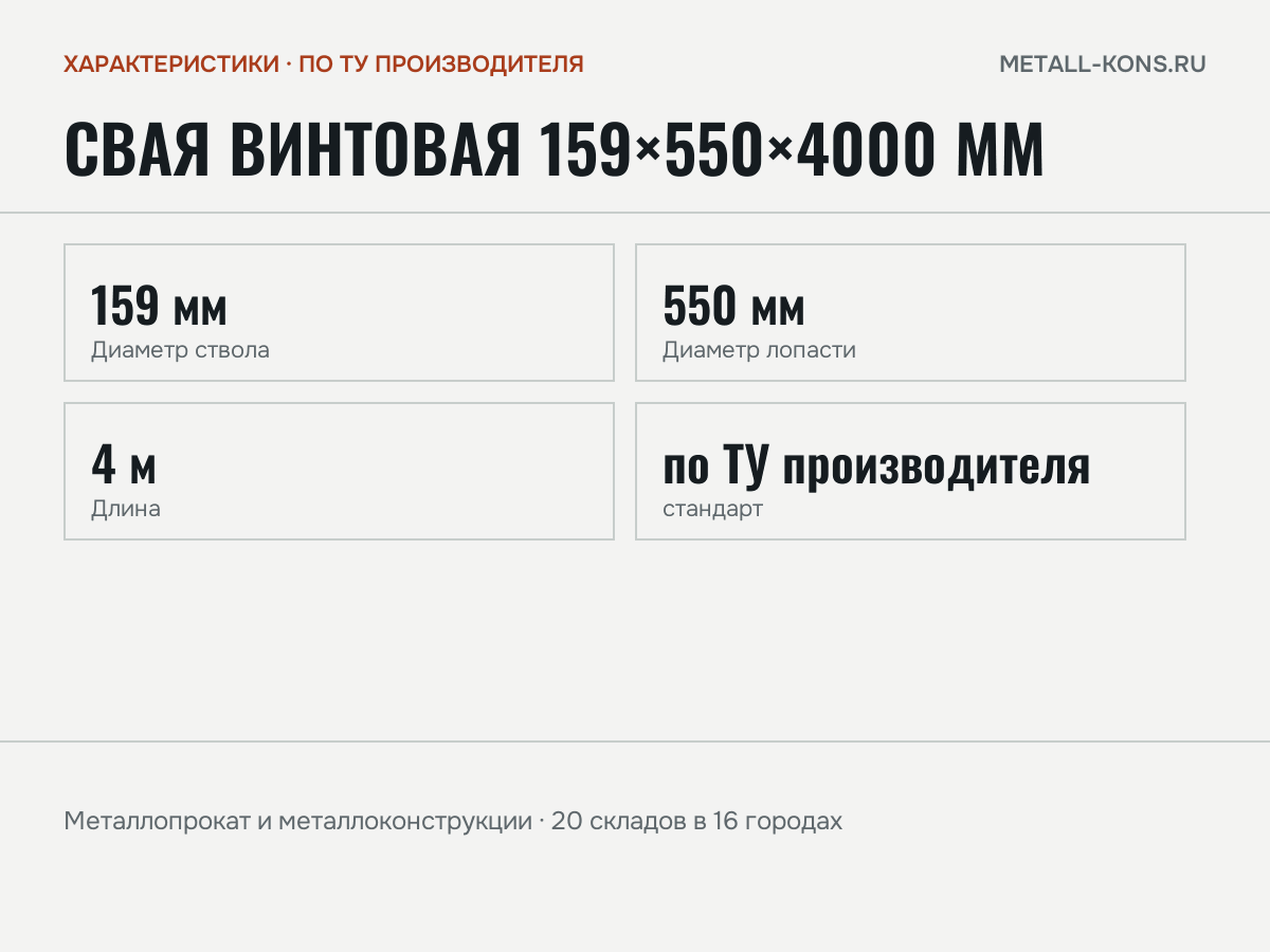 Свая винтовая 159×550×4000 мм — характеристики: масса, размеры, по ТУ производителя